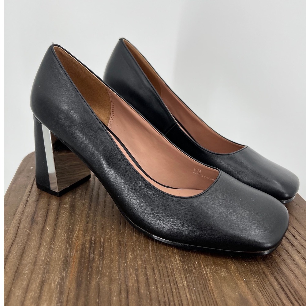 Linea Paolo Black Leather Square Toe Block Heel Pumps Silver Mirror Detail 10